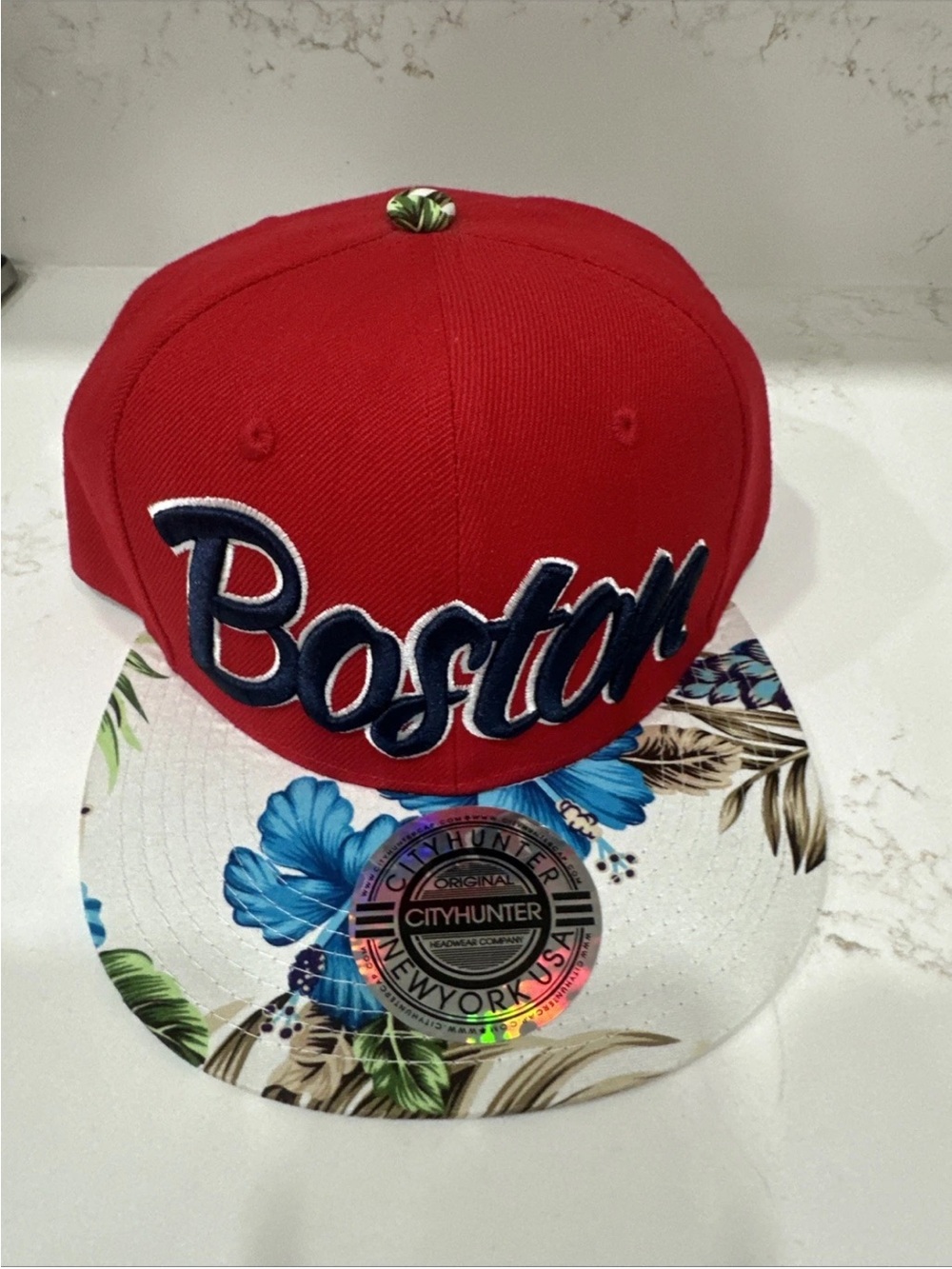 CityHunter Red Snapback with Blue Floral Brim